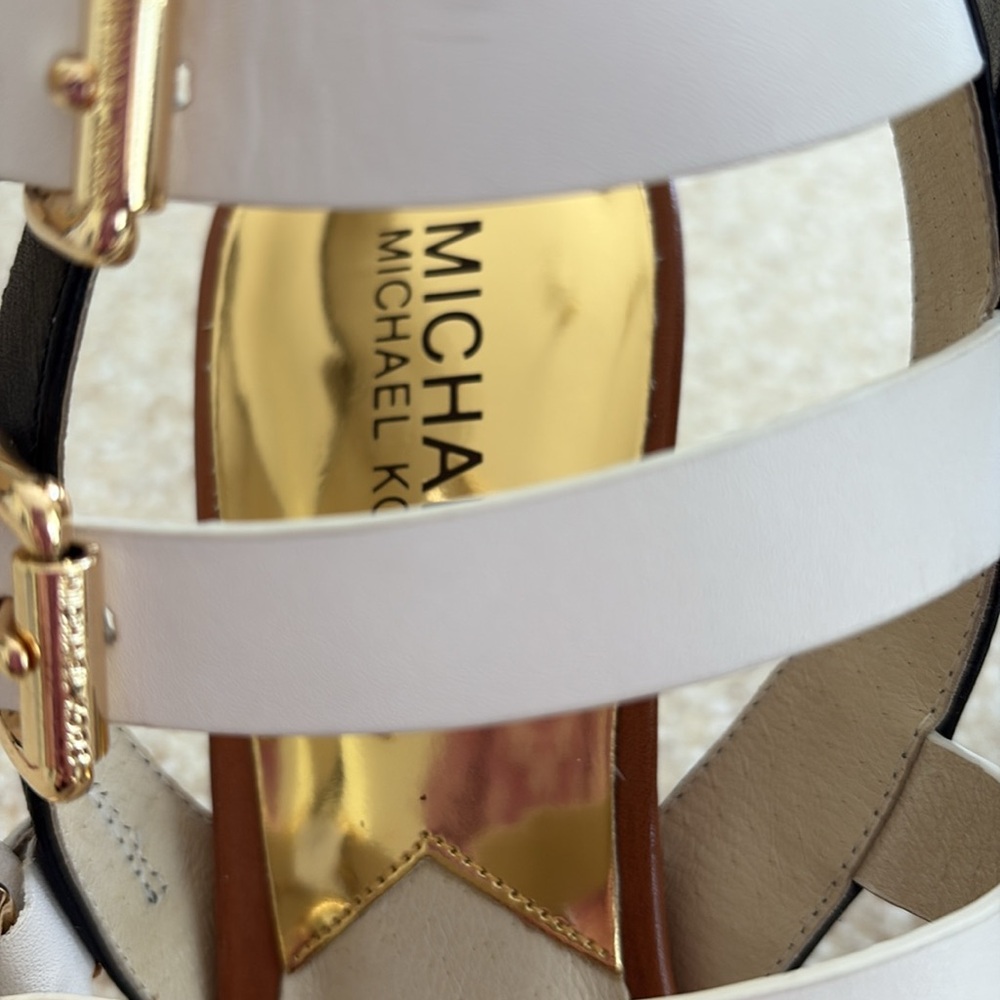 Michael Kors Beverly Sandal Mid Heel Optic White/Black/Luggage Brown - Picture 6 of 9